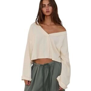 Free People Beach Back Tie Slouchy Crop Sweatshirt Cream Long Sleeve Alicia Boho